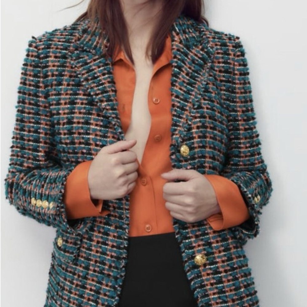 Zara Teal Orange Tweed Blazer